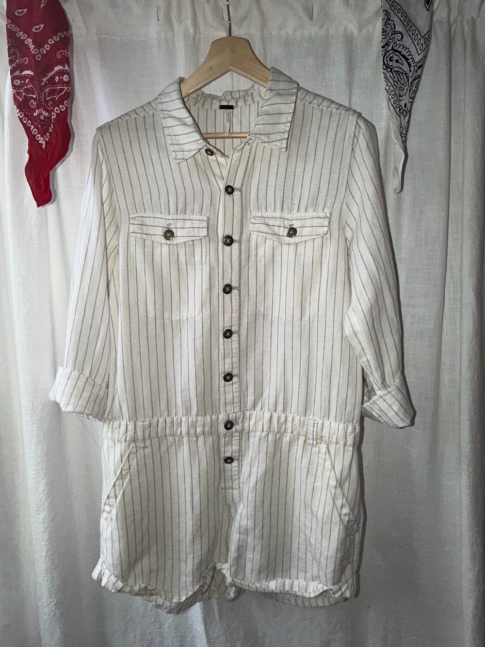 Free People Linen Blend Striped Utility Romper Coverall Button Front Pockets L